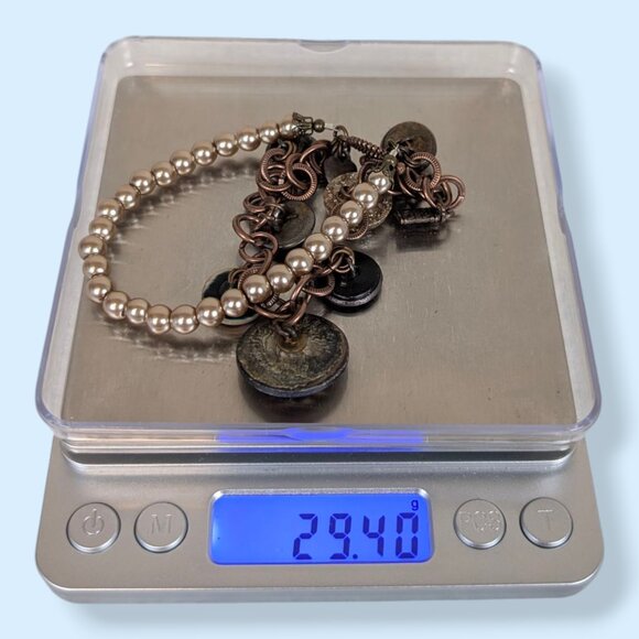 V. 2-Strand Faux Pearl & Dangling Button Charm Bracelet - Picture 5 of 5